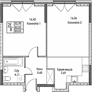 Планировка — ЭВОПАРК Сокольники, 2-комн., 50 м²