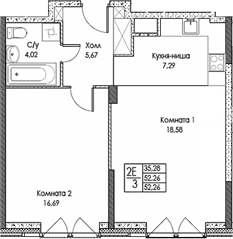 Планировка — ЭВОПАРК Сокольники, 2-комн., 52 м²