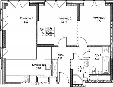 Планировка — ЭВОПАРК Сокольники, 3-комн., 68 м²