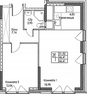 Планировка — ЭВОПАРК Сокольники, 2-комн., 46 м²