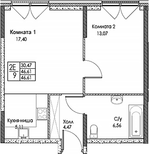 Планировка — ЭВОПАРК Сокольники, 2-комн., 47 м²