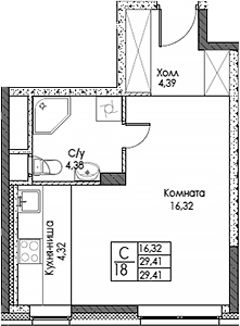 Планировка — ЭВОПАРК Сокольники, Студия, 29 м²