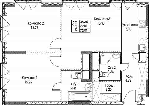 Планировка — ЭВОПАРК Сокольники, 3-комн., 72 м²