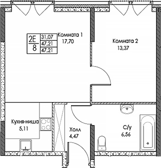 Планировка — ЭВОПАРК Сокольники, 2-комн., 47 м²