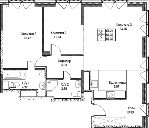 Планировка — ЭВОПАРК Сокольники, 3-комн., 81 м²