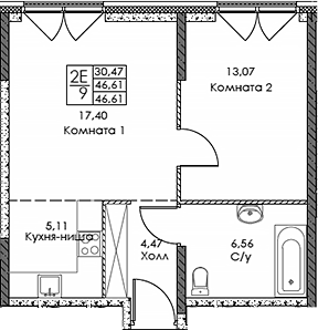 Планировка — ЭВОПАРК Сокольники, 2-комн., 47 м²