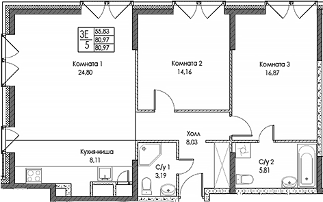 Планировка — ЭВОПАРК Сокольники, 3-комн., 81 м²