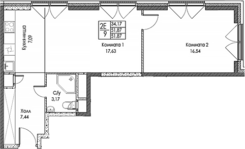 Планировка — ЭВОПАРК Сокольники, 2-комн., 52 м²