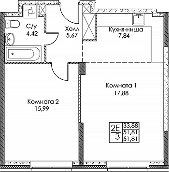 Планировка — ЭВОПАРК Сокольники, 2-комн., 52 м²