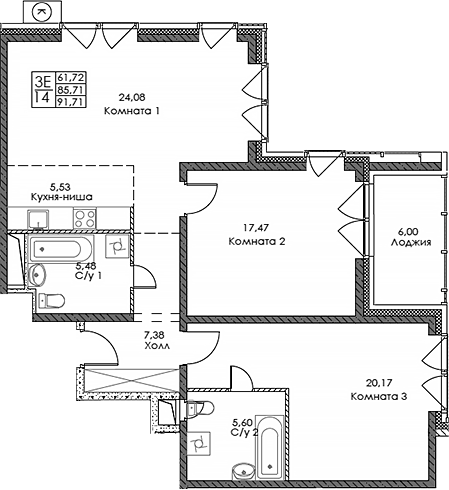 Планировка — ЭВОПАРК Сокольники, 3-комн., 86 м²