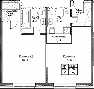 Планировка — ЭВОПАРК Сокольники, 2-комн., 51 м²