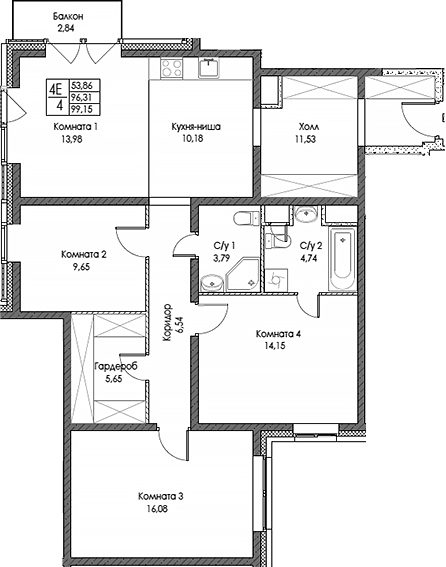 Планировка — ЭВОПАРК Сокольники, 4-комн., 96 м²