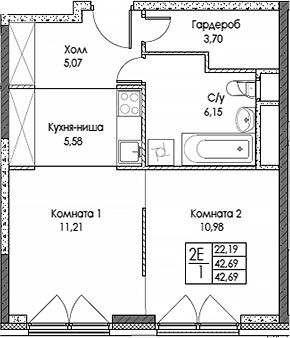 Планировка — ЭВОПАРК Сокольники, 2-комн., 43 м²