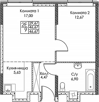 Планировка — ЭВОПАРК Сокольники, 2-комн., 47 м²