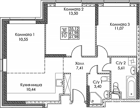 Планировка — ЭВОПАРК Сокольники, 3-комн., 62 м²