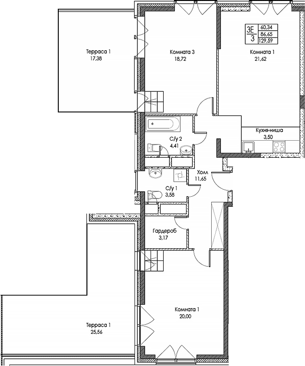 Планировка — ЭВОПАРК Сокольники, 3-комн., 87 м²