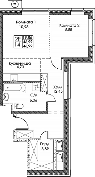 Планировка — ЭВОПАРК Сокольники, 2-комн., 47 м²