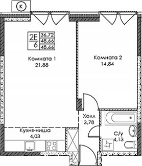 Планировка — ЭВОПАРК Сокольники, 2-комн., 49 м²