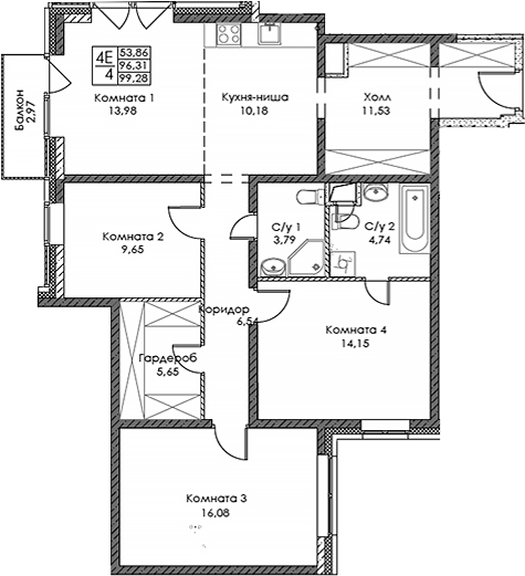Планировка — ЭВОПАРК Сокольники, 4-комн., 96 м²