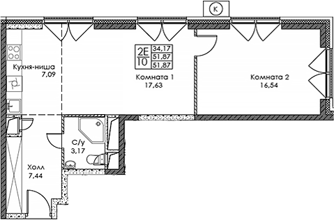 Планировка — ЭВОПАРК Сокольники, 2-комн., 52 м²