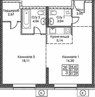 Планировка — ЭВОПАРК Сокольники, 2-комн., 51 м²