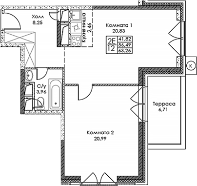 Планировка — ЭВОПАРК Сокольники, 2-комн., 56 м²
