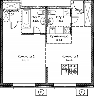 Планировка — ЭВОПАРК Сокольники, 2-комн., 51 м²