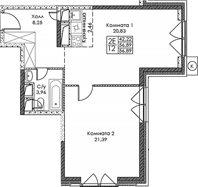 Планировка — ЭВОПАРК Сокольники, 2-комн., 57 м²