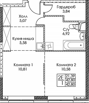 Планировка — ЭВОПАРК Сокольники, 2-комн., 43 м²