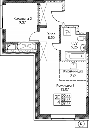 Планировка — ЭВОПАРК Сокольники, 2-комн., 39 м²