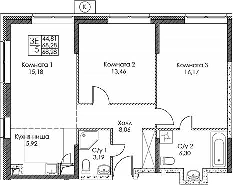 Планировка — ЭВОПАРК Сокольники, 3-комн., 68 м²
