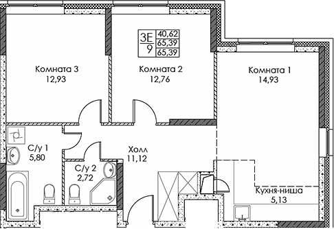 Планировка — ЭВОПАРК Сокольники, 3-комн., 65 м²
