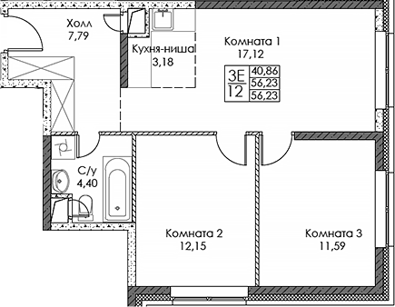 Планировка — ЭВОПАРК Сокольники, 3-комн., 56 м²