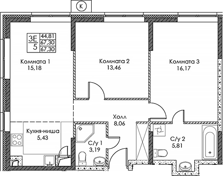 Планировка — ЭВОПАРК Сокольники, 3-комн., 67 м²