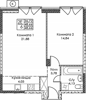 Планировка — ЭВОПАРК Сокольники, 2-комн., 49 м²