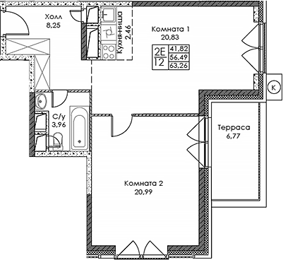Планировка — ЭВОПАРК Сокольники, 2-комн., 56 м²