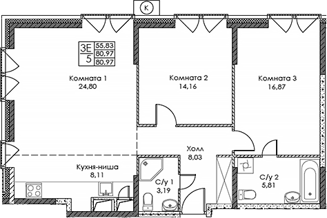 Планировка — ЭВОПАРК Сокольники, 3-комн., 81 м²