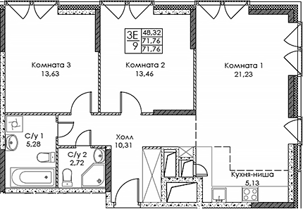 Планировка — ЭВОПАРК Сокольники, 3-комн., 72 м²
