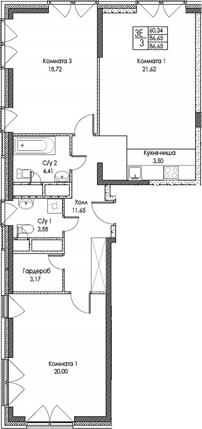 Планировка — ЭВОПАРК Сокольники, 3-комн., 87 м²