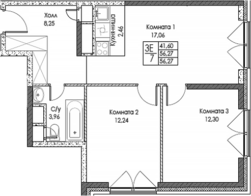 Планировка — ЭВОПАРК Сокольники, 3-комн., 56 м²