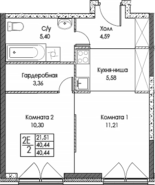 Планировка — ЭВОПАРК Сокольники, 2-комн., 40 м²