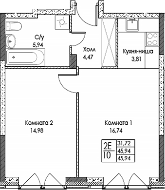 Планировка — ЭВОПАРК Сокольники, 2-комн., 46 м²