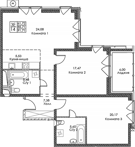 Планировка — ЭВОПАРК Сокольники, 3-комн., 86 м²
