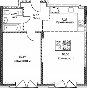 Планировка — ЭВОПАРК Сокольники, 2-комн., 52 м²