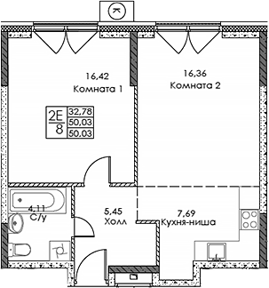 Планировка — ЭВОПАРК Сокольники, 2-комн., 50 м²