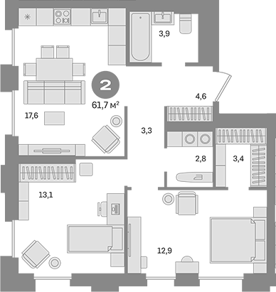 Планировка — Квартал Герцена, 2-комн., 62 м²