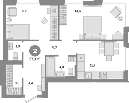 Планировка — Квартал Герцена, 2-комн., 58 м²