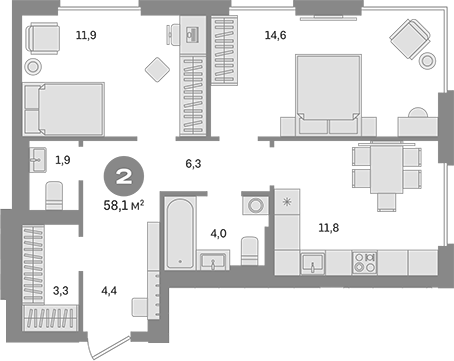 Планировка — Квартал Герцена, 2-комн., 58 м²