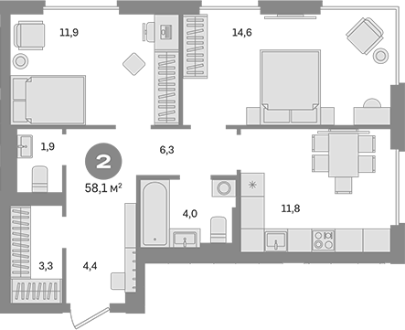 Планировка — Квартал Герцена, 2-комн., 58 м²