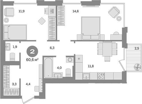 Планировка — Квартал Герцена, 2-комн., 58 м²